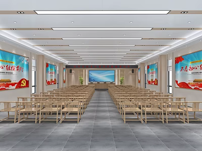 Conference Room With Neat Wooden Chairs Front Large Screen Side Posters And Spacious Interior 3d model