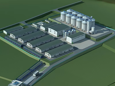 Large Industrial Complex With Multiple Buildings And Silos In Green Surroundings 3d model