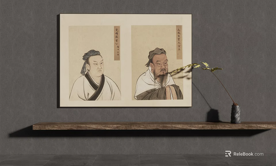 Ancient Figure Paintings Hanging On Grey Wall With Traditional Attire Vertical Inscriptions And Light Background 3d model 