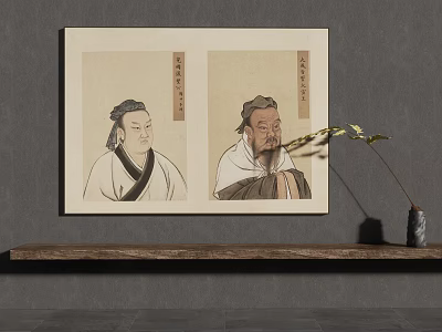 Ancient Figure Paintings Hanging On Grey Wall With Traditional Attire Vertical Inscriptions And Light Background 3d model