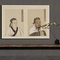 Ancient Figure Paintings Hanging On Grey Wall With Traditional Attire Vertical Inscriptions And Light Background