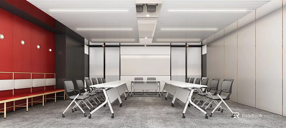 Modern Conference Room Interior Design With Long Tables Chairs Glass Partitions And Ceiling Light Strips 3d model 