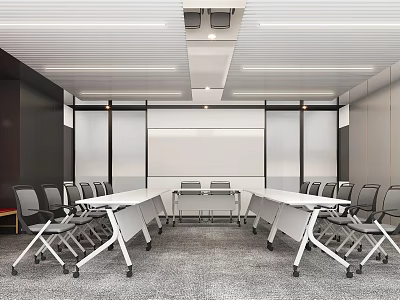 Modern Conference Room Interior Design With Long Tables Chairs Glass Partitions And Ceiling Light Strips 3d model