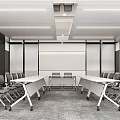Modern Conference Room Interior Design With Long Tables Chairs Glass Partitions And Ceiling Light Strips