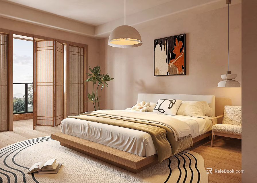 Modern Bedroom Interior Design With Wooden Bed Frame Sliding Doors And Potted Plant Rug Artwork 3d model 