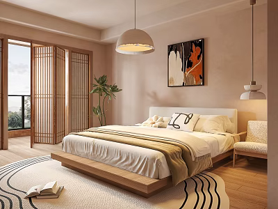 Modern Bedroom Interior Design With Wooden Bed Frame Sliding Doors And Potted Plant Rug Artwork 3d model