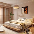 Modern Bedroom Interior Design With Wooden Bed Frame Sliding Doors And Potted Plant Rug Artwork