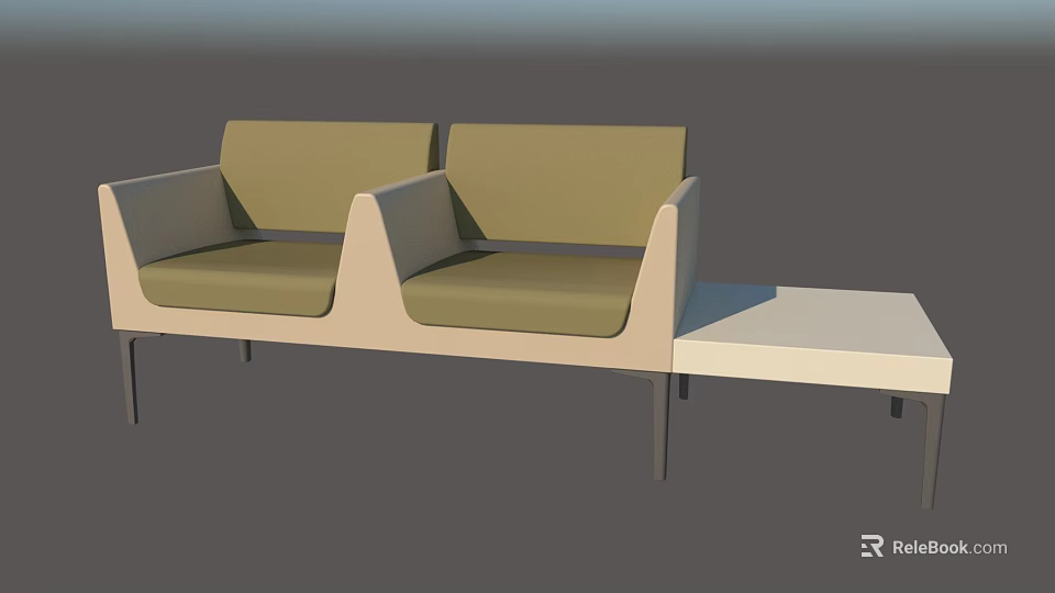 Modern Public Chair Design With Two Seats Beige Frame And Green Cushions 3d model 