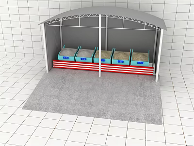 Covered Canopy Structure With Blue Bins On Red White Striped Base And Gray Carpet 3d model