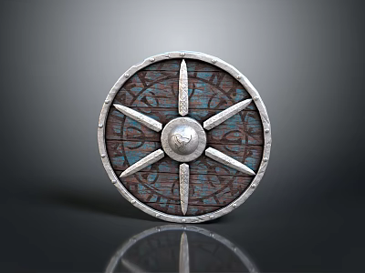 Medieval Round Shield with Metal Rim Wooden Texture Central Metal Boss and Star Shaped Accents 3d model