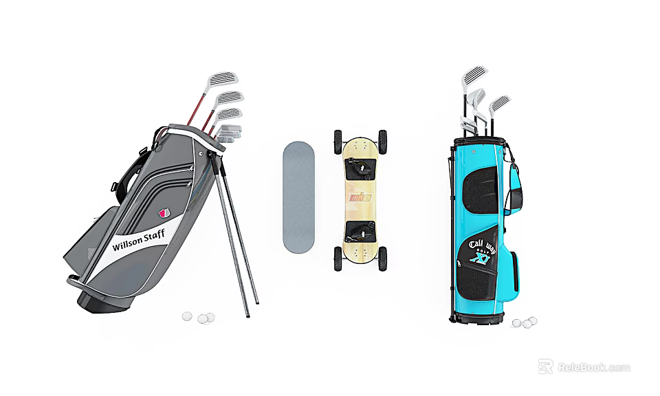 Assorted Sports Equipment Including Golf Bags Clubs and Skateboard Designs 3d model 