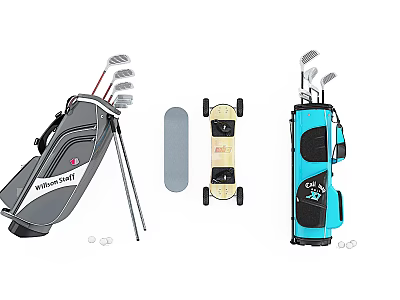 Assorted Sports Equipment Including Golf Bags Clubs and Skateboard Designs 3d model