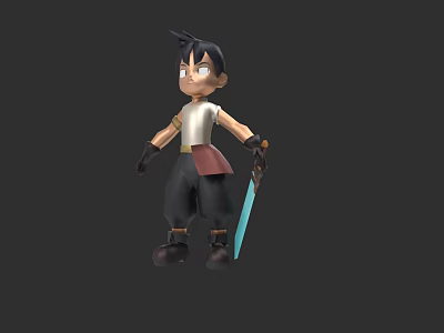 Young Boy Game Movie Character With White Shirt Black Pants And Blue Sword 3d model