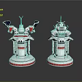 Two Silver and Red Futuristic Mechanical Weapon Models with Detailed Structures and Red Bases 3d model