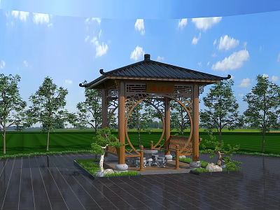 Traditional Chinese Wooden Pavilion In Garden With Trees Grass And Stone Benches 3d model