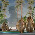 Modern Oval Shaped Wooden Pergola Surrounded by Tall Trees and Pool
