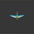 Colorful Bird With Green Head Yellow Belly And Blue Spread Wings With Reflection