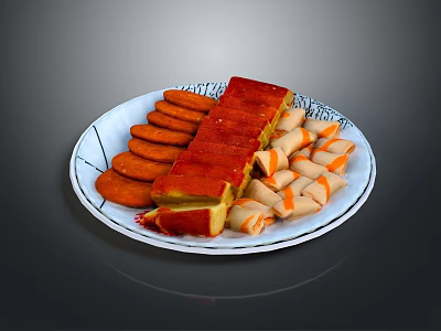 Delicious Assorted Food Platter With Red Meat Slices And Orange Rolls 3d model