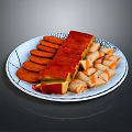 Delicious Assorted Food Platter With Red Meat Slices And Orange Rolls