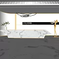 Modern Reception Desk Design With Marble Surface Pendant Light Sculpture And Decorative Plant