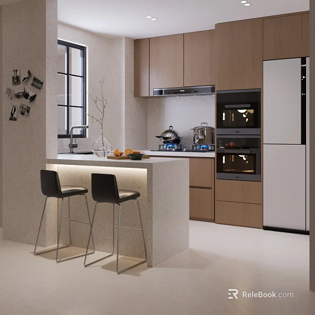 Modern Kitchen Interior With Island Countertop Bar Stools Wooden Cabinets And Appliances 3d model 