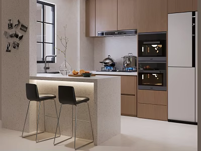 Modern Kitchen Interior With Island Countertop Bar Stools Wooden Cabinets And Appliances 3d model