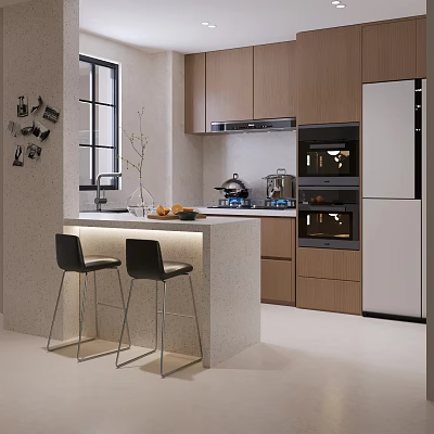 Modern Kitchen Interior With Island Countertop Bar Stools Wooden Cabinets And Appliances 3d model