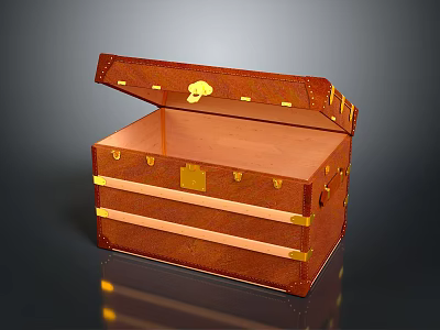Brown Leather Storage Ottoman with Open Lid Gold Accents and Spacious Interior 3d model