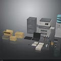 Office Workspace Components With Filing Cabinet Printer Water Dispenser And Cardboard Boxes