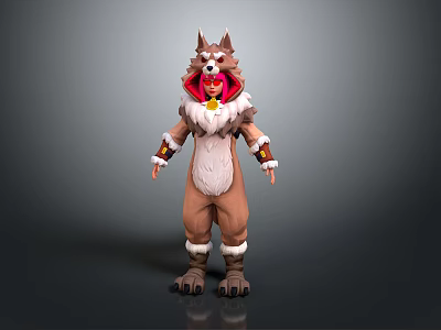 Anthropomorphic Wolf Character In Brown Furry Costume With Red Accents And White Trim 3d model