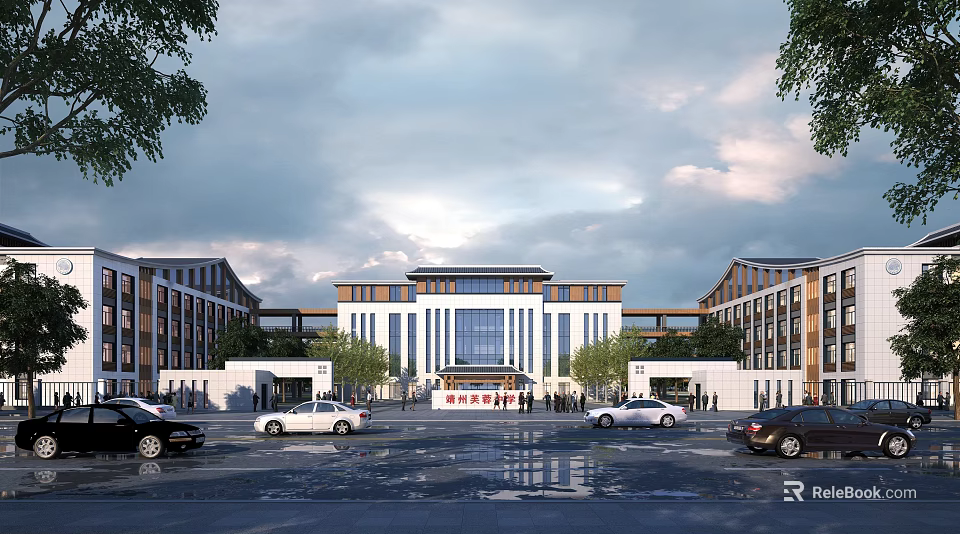 Modern School Building Main Entrance With Plaza Vehicles And Green Trees 3d model 