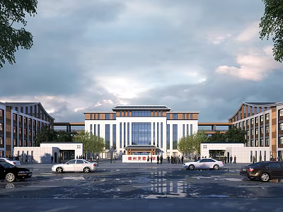 Modern School Building Main Entrance With Plaza Vehicles And Green Trees 3d model