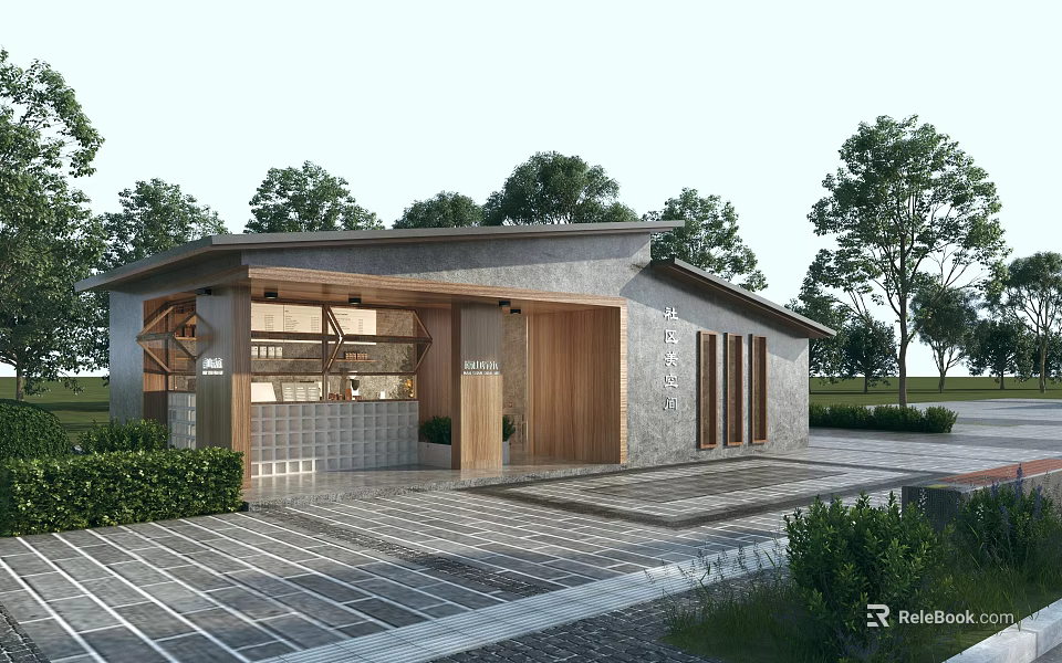 Modern Post Station Architecture With Wood Stone Elements And Green Surroundings 3d model 