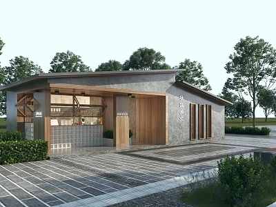 Modern Post Station Architecture With Wood Stone Elements And Green Surroundings 3d model