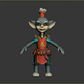 Blue Skinned Fantasy Creature with Big Ears Red Hat and Red Gold Outfit Standing