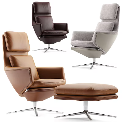Modern Office Chair With Brown Dark Brown Gray Leather And Ottoman On Sleek Metal Base 3d model