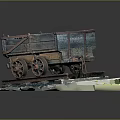 Vintage Mine Cart Model Loaded With Coal On Rail Tracks And Grass Terrain Base