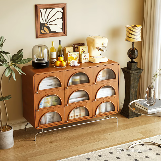 Vintage Wooden Sideboard with Glass Doors and Decor Items Including Coffee Maker Wine Bottles Fruits 3d model 