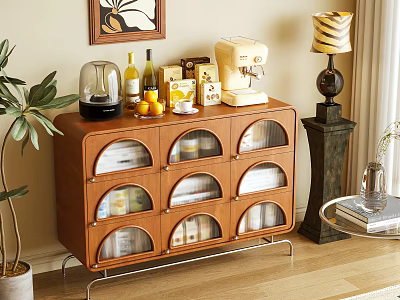Vintage Wooden Sideboard with Glass Doors and Decor Items Including Coffee Maker Wine Bottles Fruits 3d model