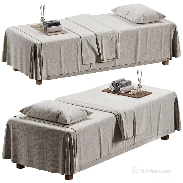 Massage Bed With Light Gray Linen Sheet Pillow Tray Holding Towels Aromatherapy Sticks 3d model 