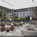 Modern Bright Sales Office Reception Lounge With Cozy Seats And Panoramic Outdoor Garden View