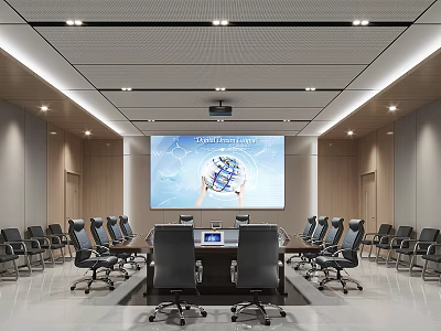 Modern Conference Room With Long Table Black Chairs Large Screen Global Partners Globe Recessed Lighting 3d model