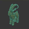 Ancient Bronze Goat Sculpture With Curved Horns And Green Gold Patina