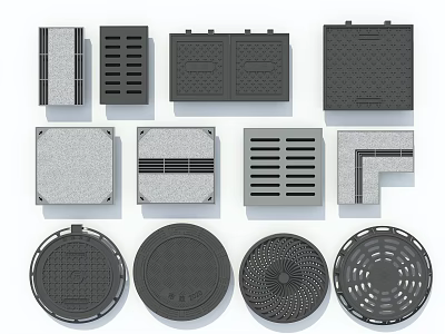 Road Infrastructure Components With Manhole Covers And Drainage Grates In Various Designs And Shapes 3d model