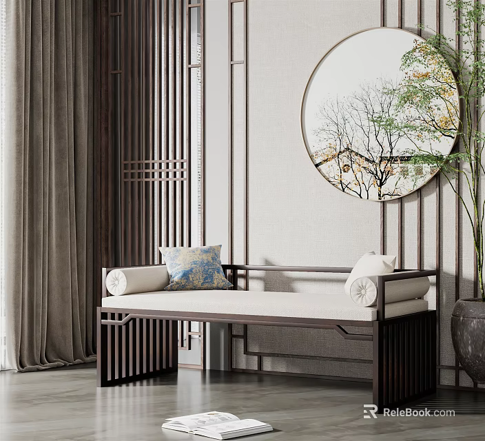 Modern Chinese Style Multi Person Sofa With Wooden Frame Beige Cushions And Round Decorative Painting 3d model 