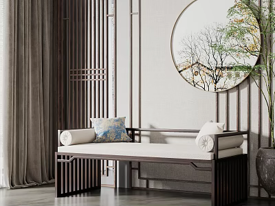 Modern Chinese Style Multi Person Sofa With Wooden Frame Beige Cushions And Round Decorative Painting 3d model