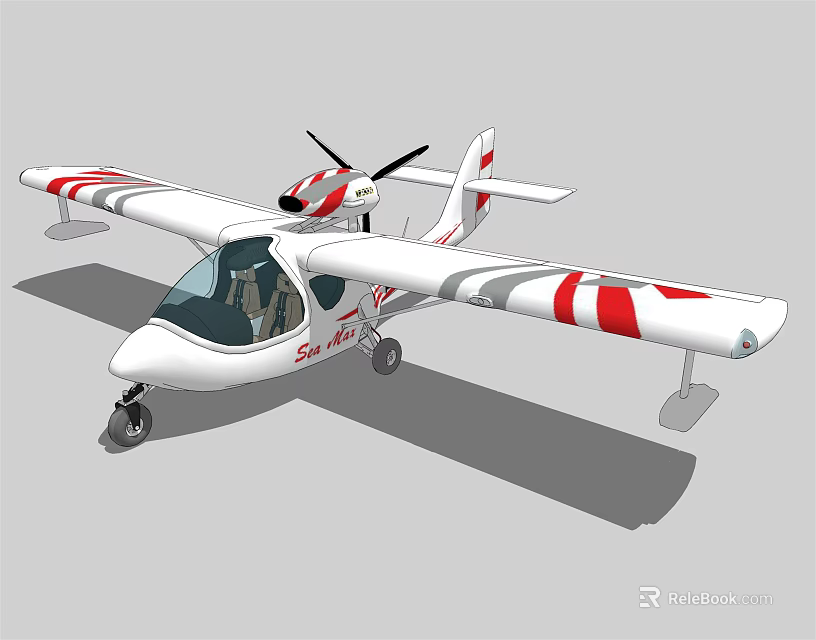 Light White Passenger Aircraft With Red Striped Wings And Single Propeller 3d model 