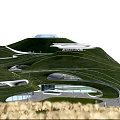 Modern Green Park Landscape With Rolling Grass Hills Curved Paths Trees And Architectural Structures 3d model