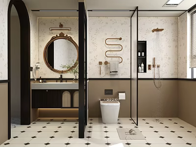 Modern Bathroom Interior Design With Round Mirror Vanity Toilet And Glass Shower Partition 3d model