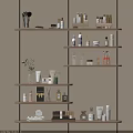 Organized Perfume And Cosmetics Display On Shelves With Various Beauty Products And Decorative Items